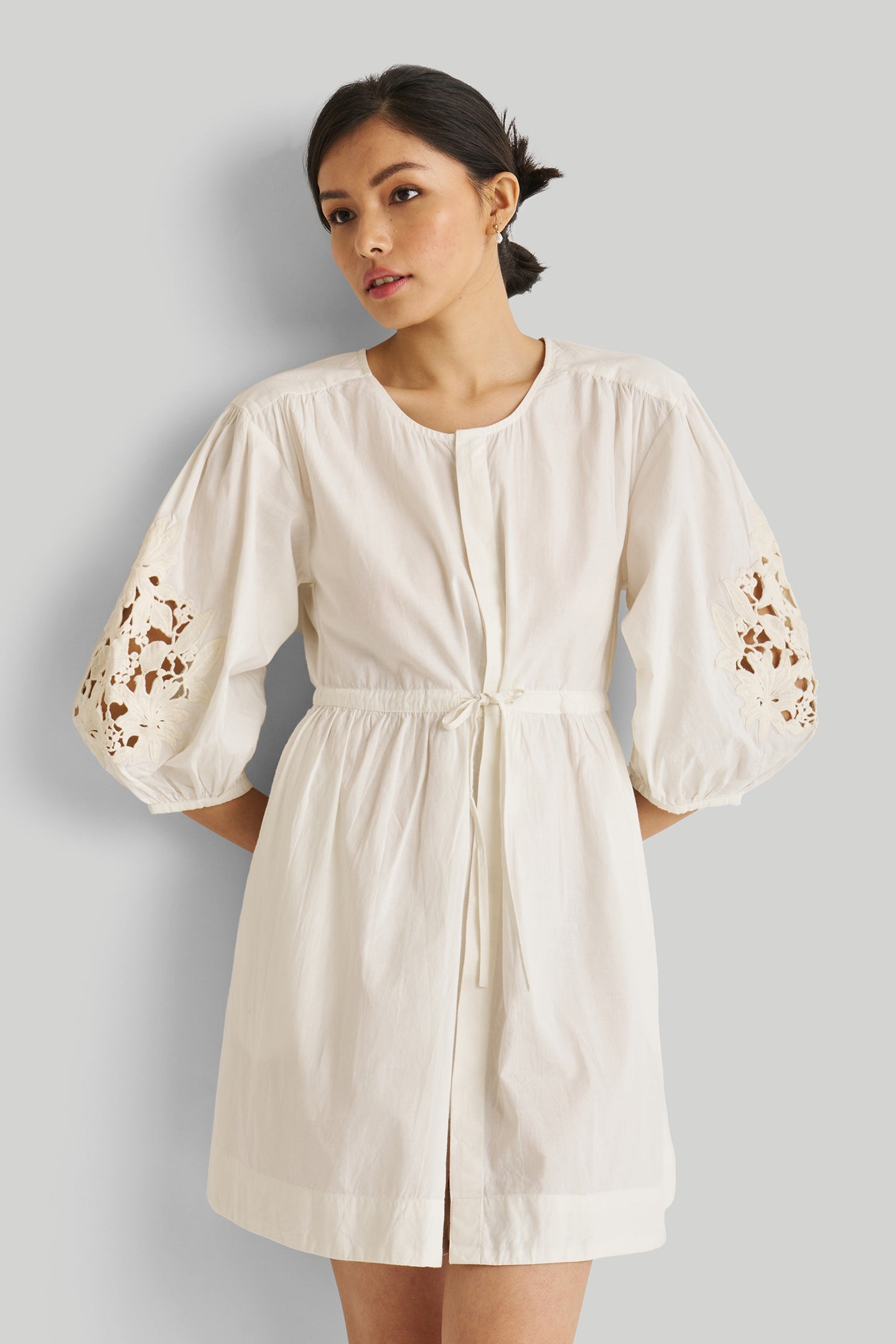 Shirt Dress with Balloon Sleeves in White