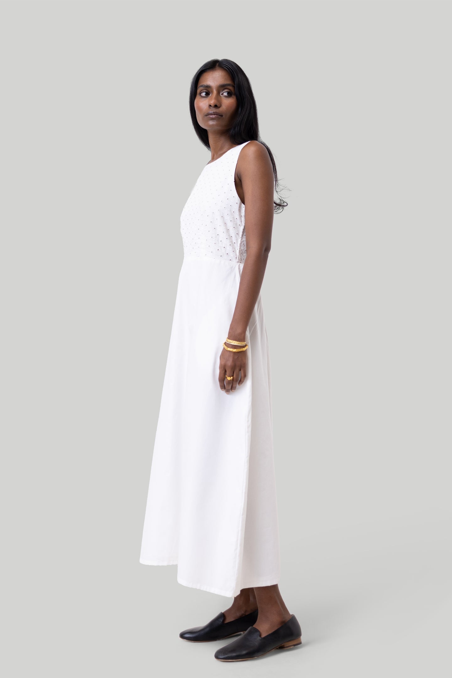 Cross-back Midi Dress in Eyelet Embroidery