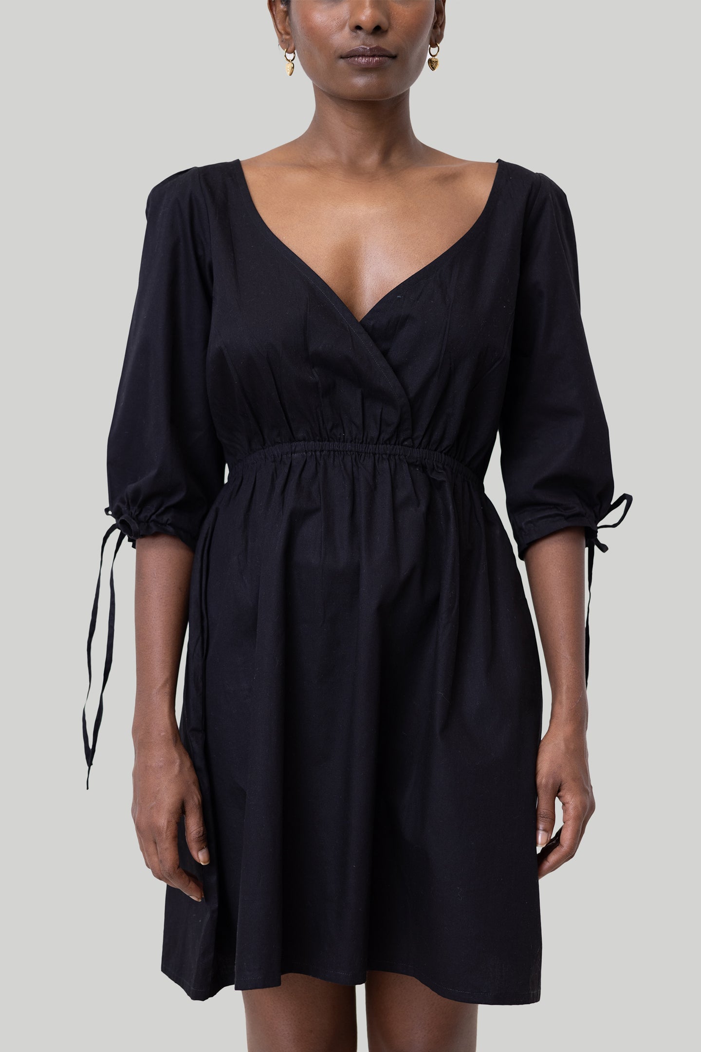 Gathered Elbow Sleeve Short Dress in Black