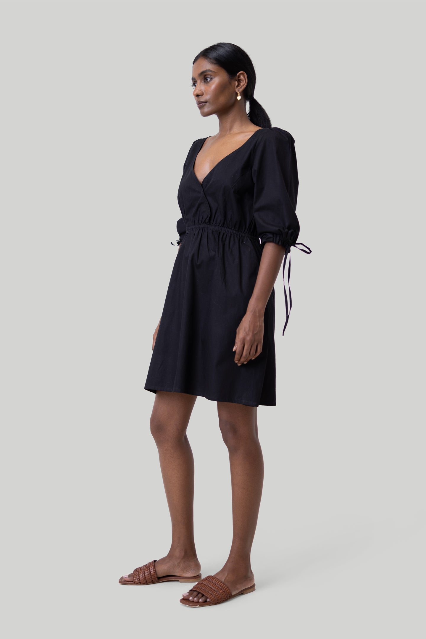 Gathered Elbow Sleeve Short Dress in Black