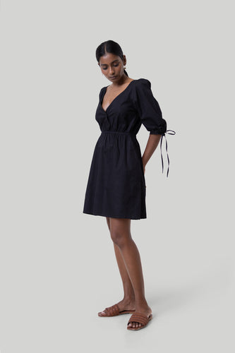 Gathered Elbow Sleeve Short Dress in Black