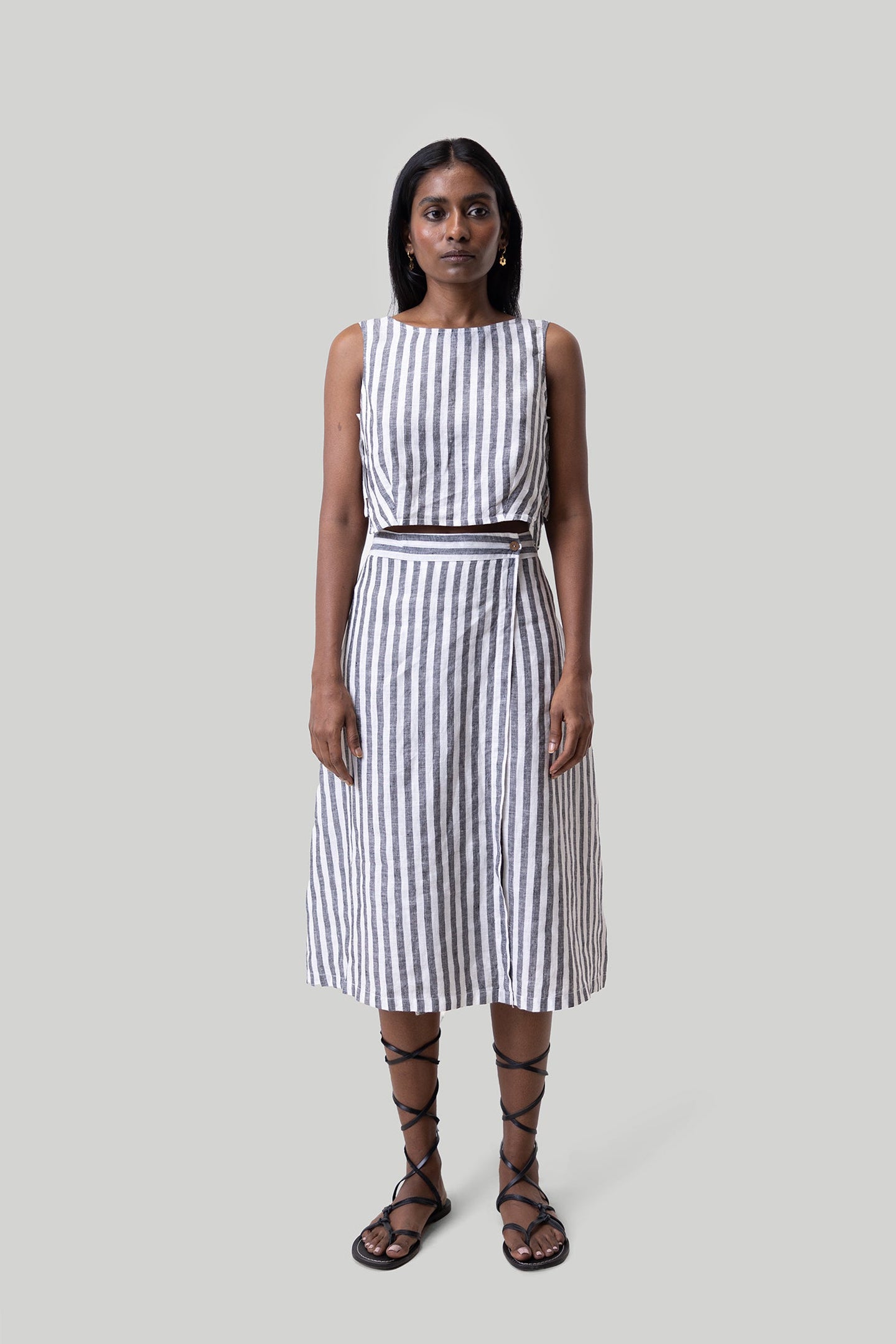 Overlap Midi Skirt in Linen Stripes