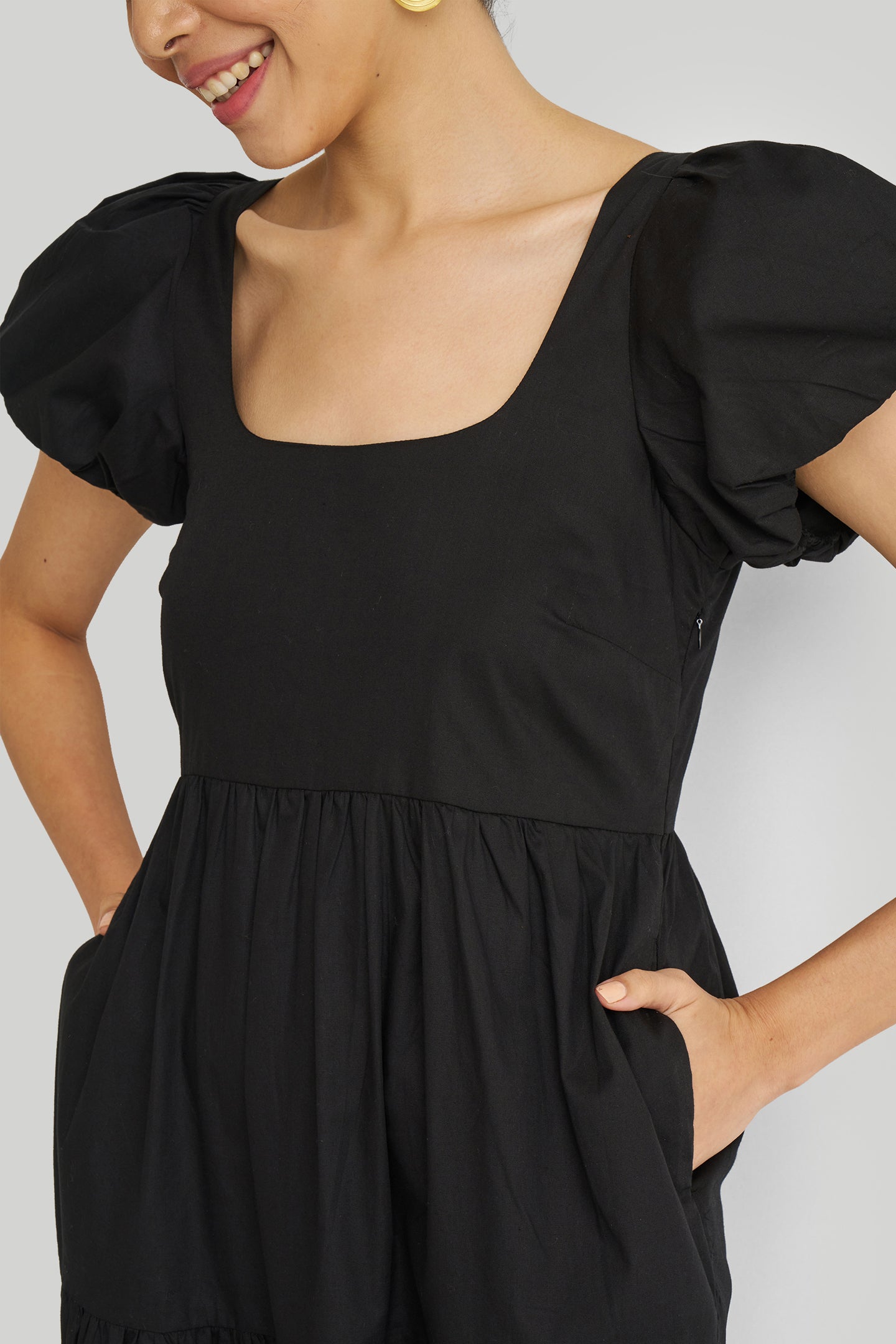 Puff Sleeve Tiered Maxi Dress in Black