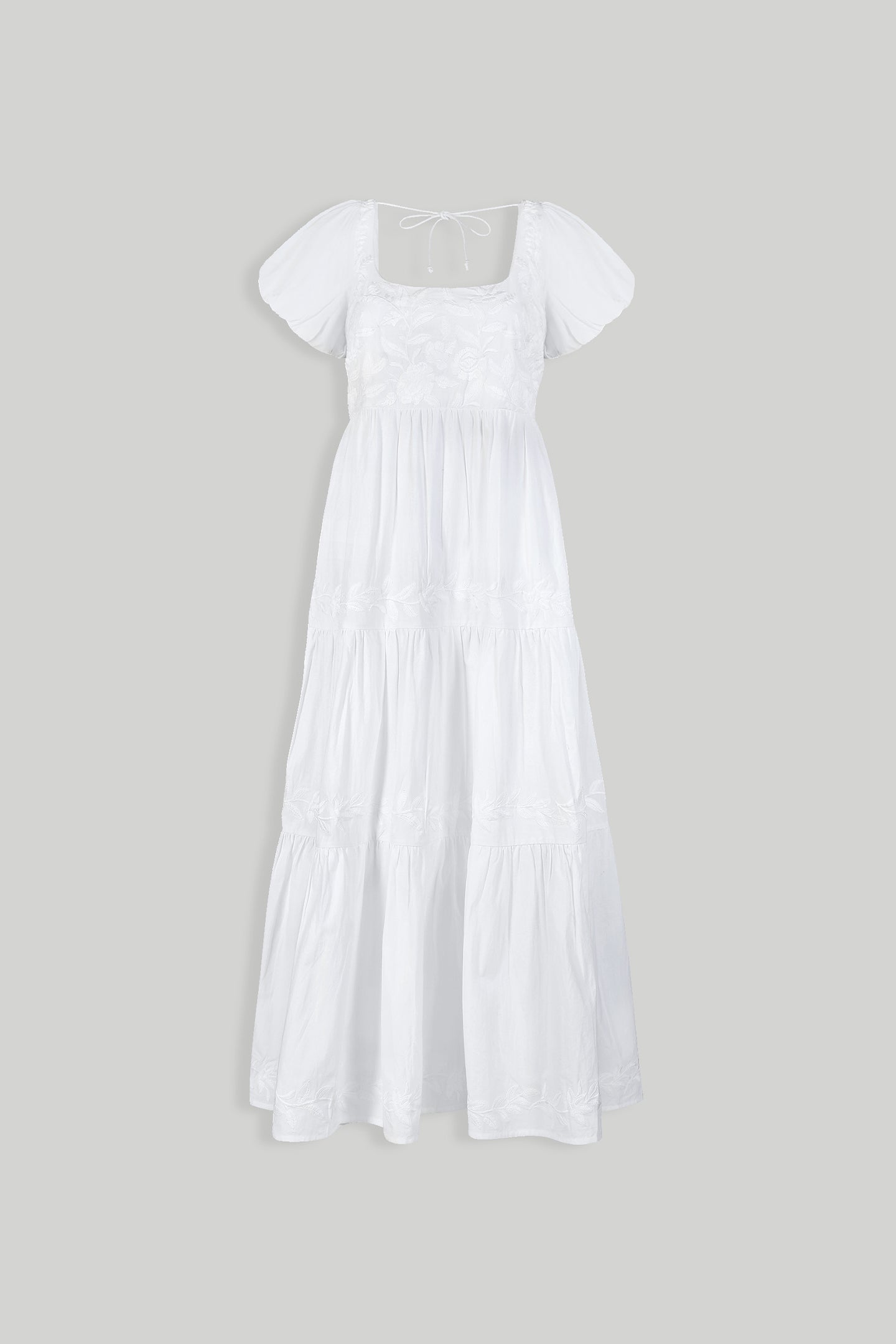 Puff Sleeve Embroidered Tiered Dress in White