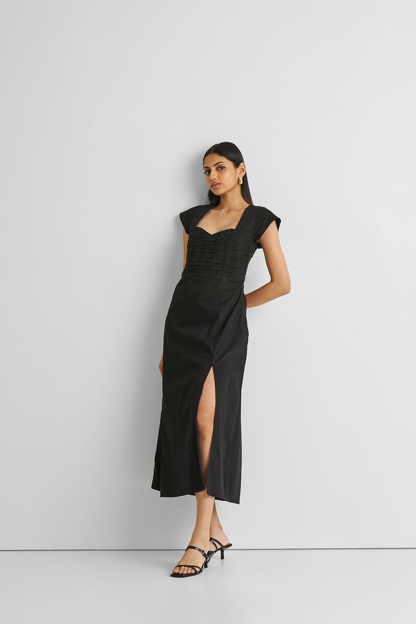 Ruched Dress with Front Slit in Black