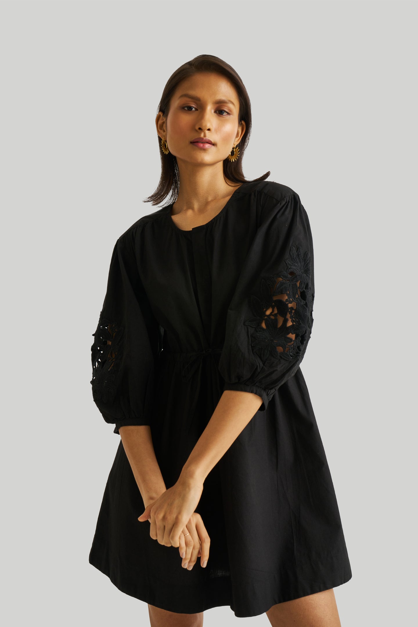 Shirt Dress with Balloon Sleeves in Black