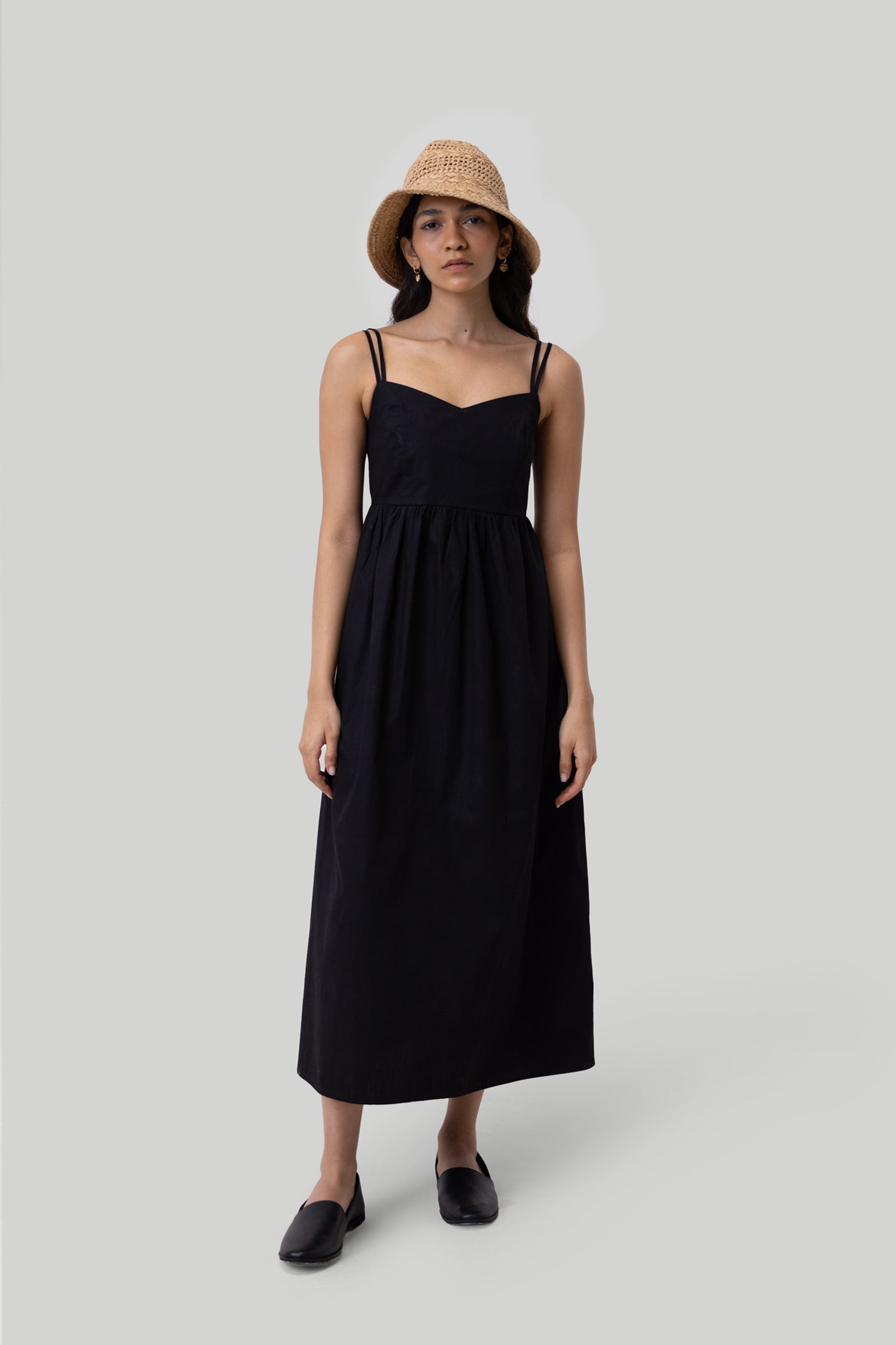 Strappy Gathered Midi Dress in Black