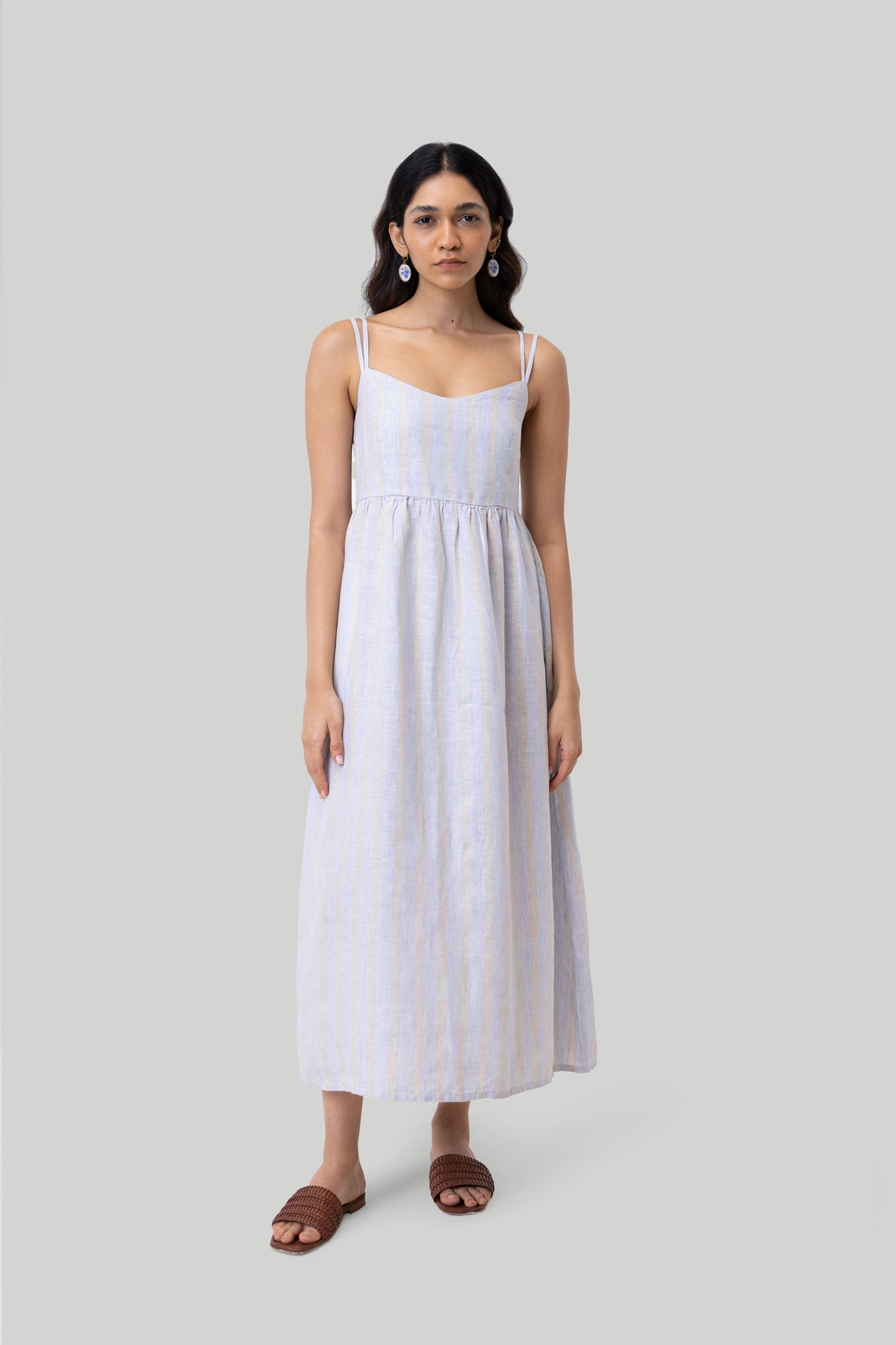 Strappy Gathered Midi Dress in Linen Stripes