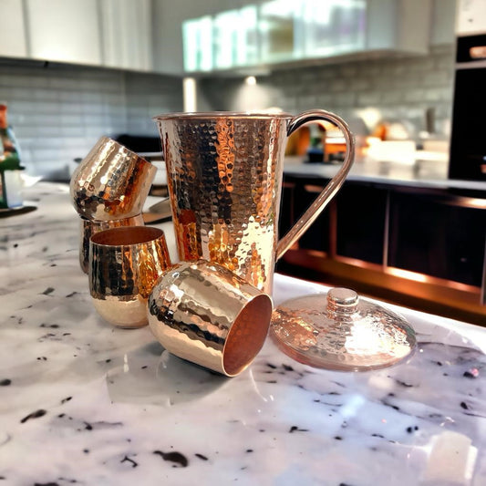 Set of One Copper Pitcher with Top and Four Tumblers