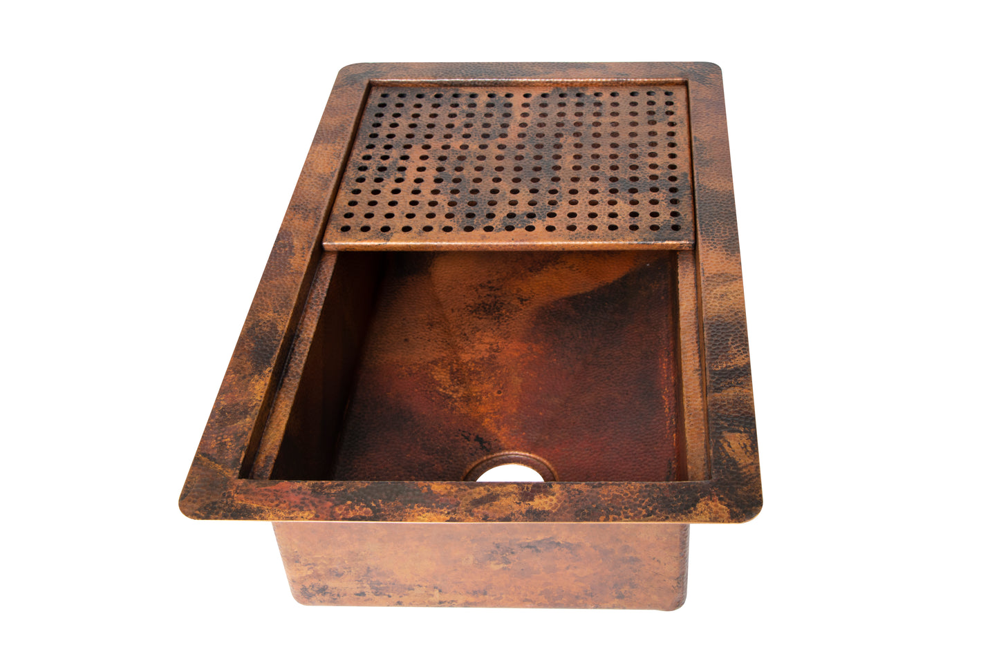 33" Drop-in Single Well Hammered Copper Kitchen Sink with Removable Grill