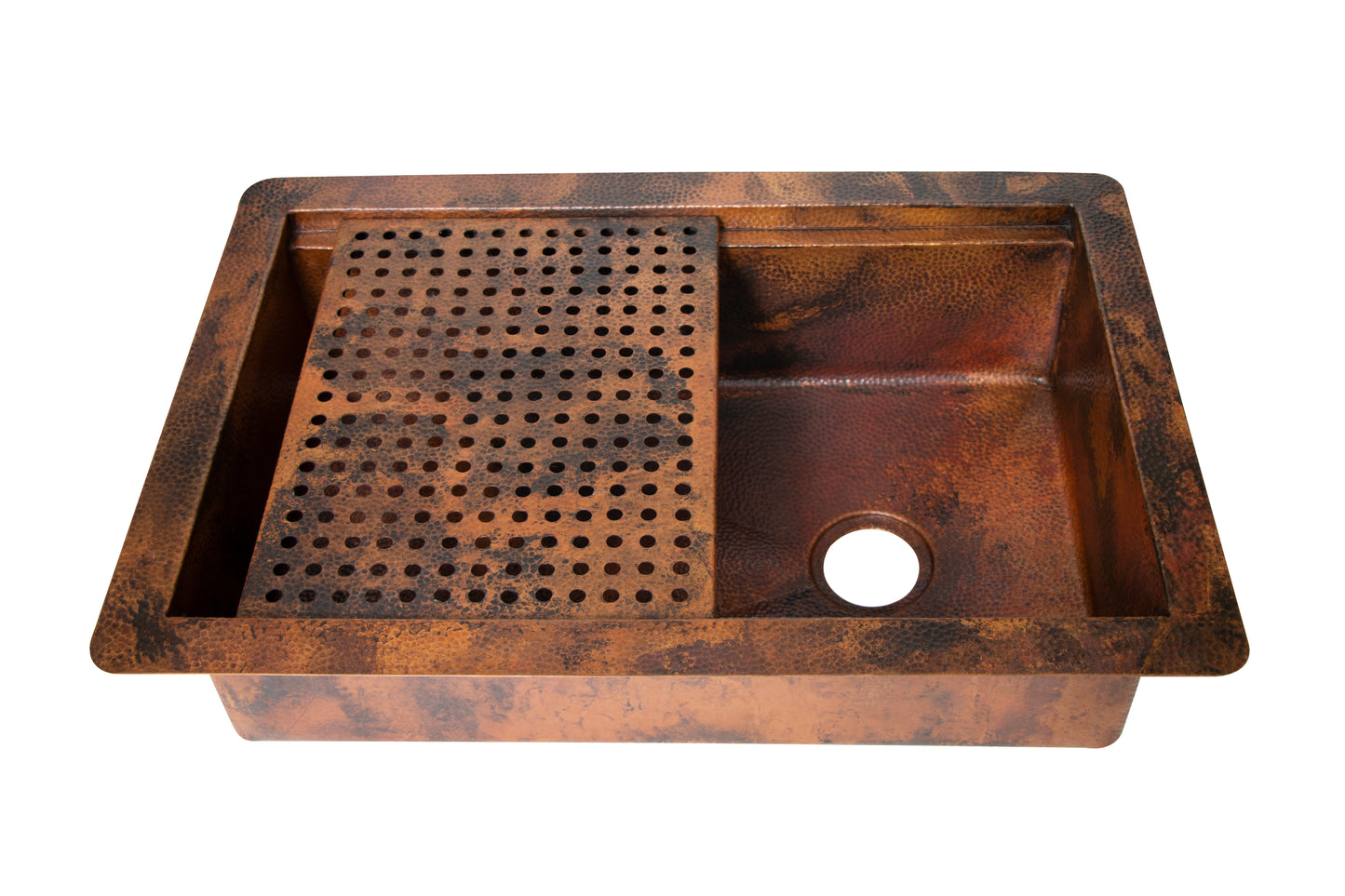 33" Drop-in Single Well Hammered Copper Kitchen Sink with Removable Grill