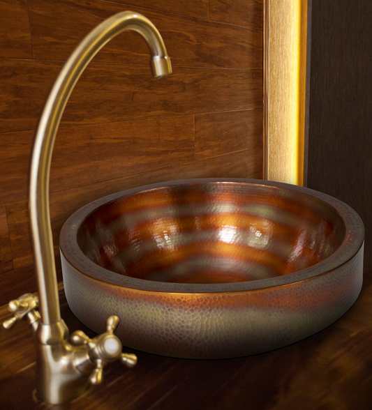 17" Round Apron Hammered Copper Bathroom Sink