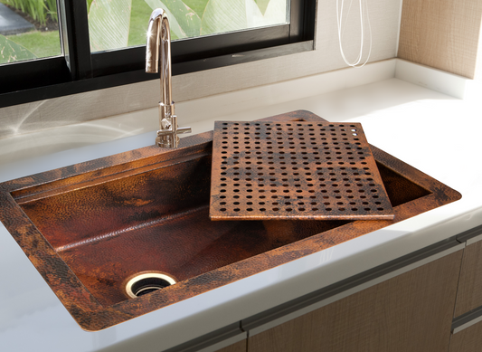 33" Drop-in Single Well Hammered Copper Kitchen Sink with Removable Grill